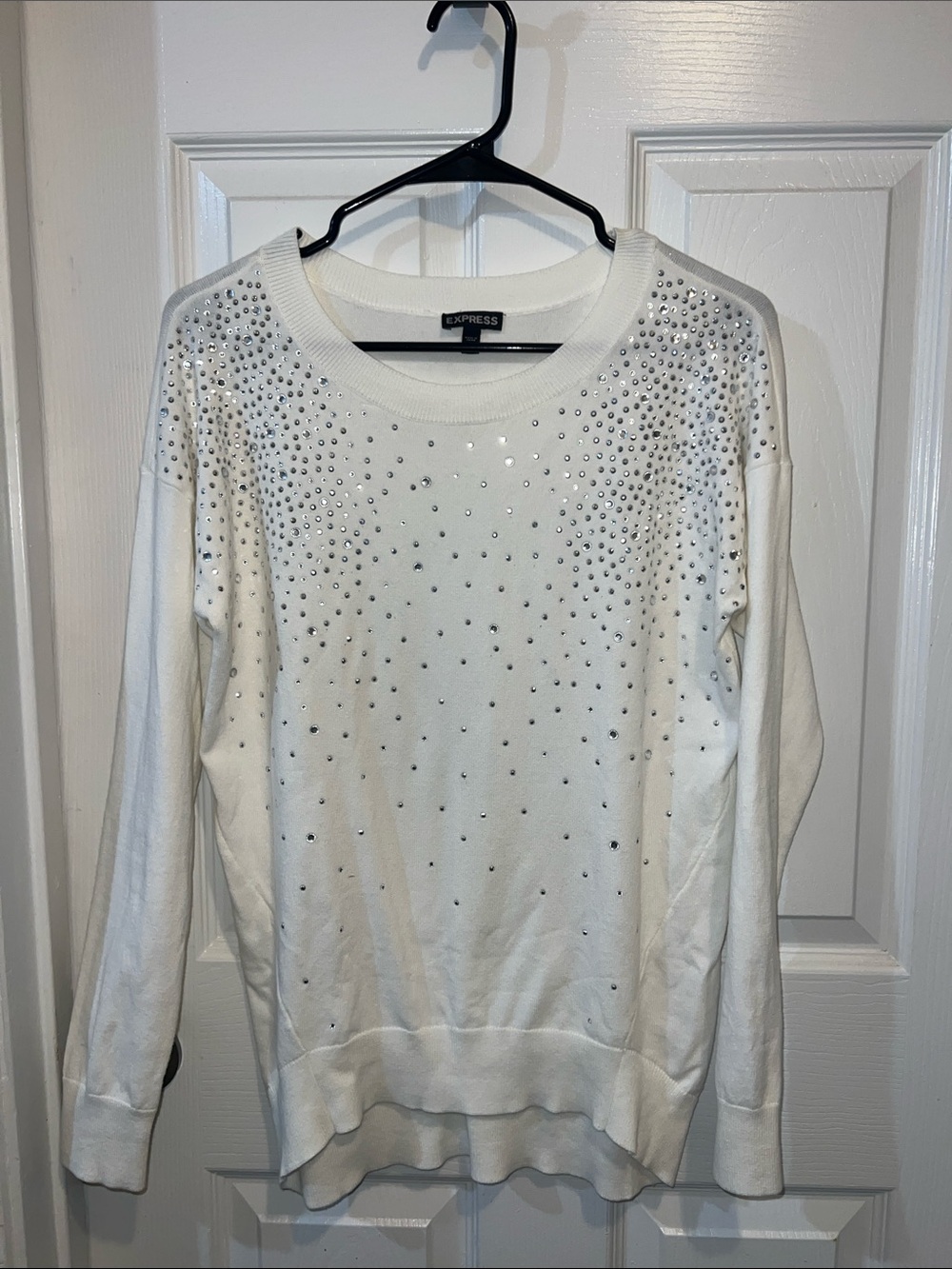 Express White Crewneck Sweater with Stud Embellishments